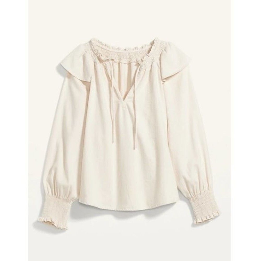 Puff-Sleeve White-Wash Ruffle-Trimmed Smocked Jean Blouse